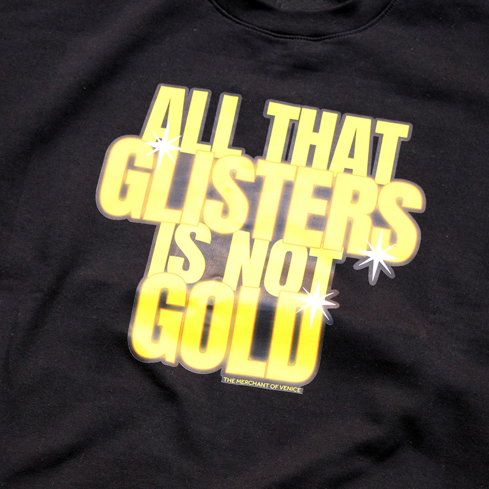 
                  
                    Black matt sweatshirt with gold text graphic in stylised text
                  
                