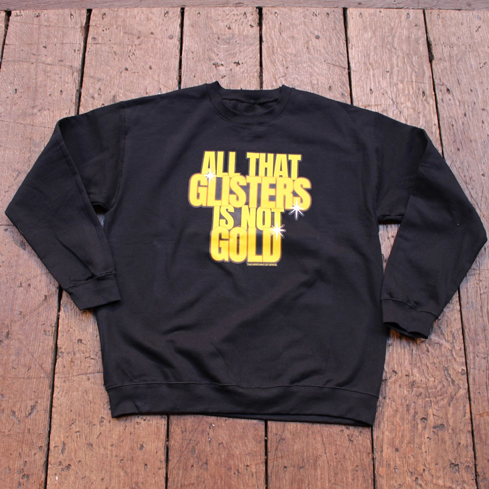 Black matt sweatshirt with gold text graphic in stylised text