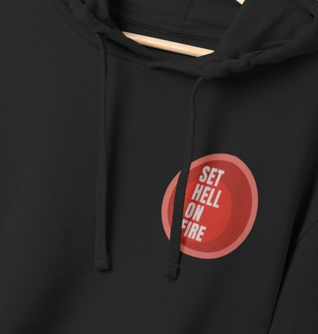 Black hoodie back with red circular graphic with white graphic text over top on upper left chest