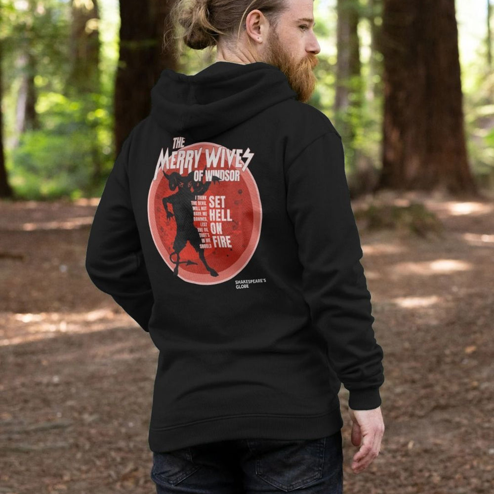 Black hoodie back with red circular graphic featuring the devil with white graphic text over top