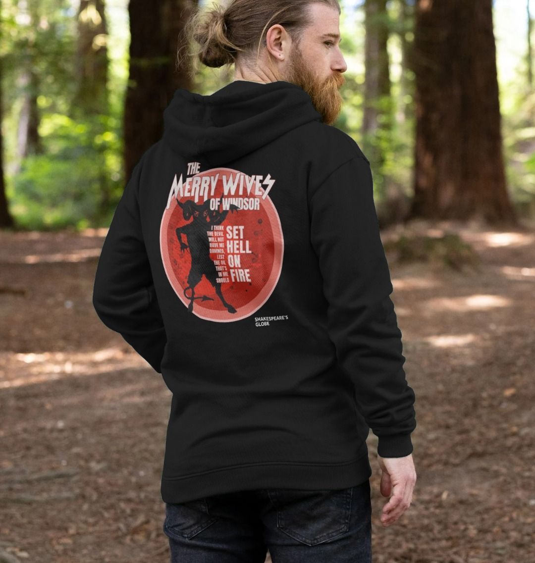 Black hoodie back with red circular graphic featuring the devil with white graphic text over top