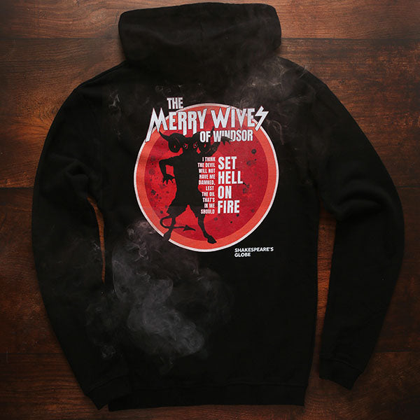 Black hoodie back with red circular graphic featuring the devil with white graphic text over top