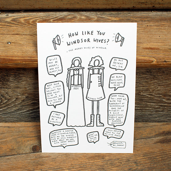 white card printed with a black pen illustration
