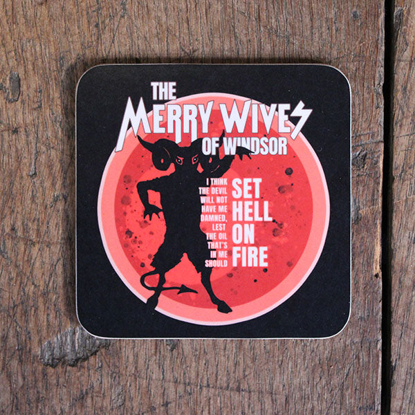 Black square coaster with rounded edges, featuring centred red circle with the devil dancing and white graphic text