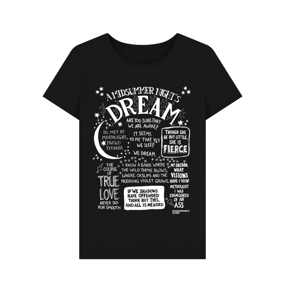 
                  
                    Black fitted t-shirt with large front graphic print in white with stylised font depicting A Midsummer Night's Dream
                  
                