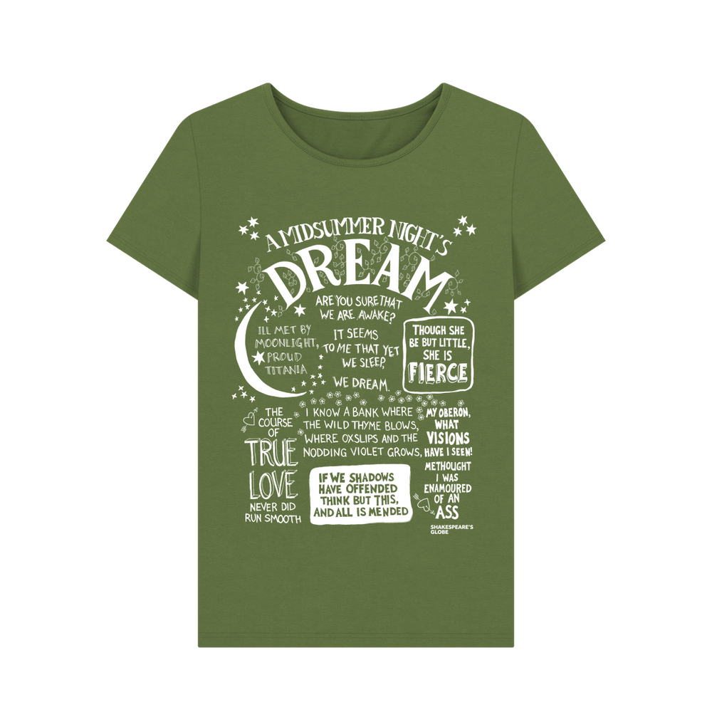 
                  
                    Green fitted t-shirt with large front graphic print in white with stylised font depicting A Midsummer Night's Dream
                  
                