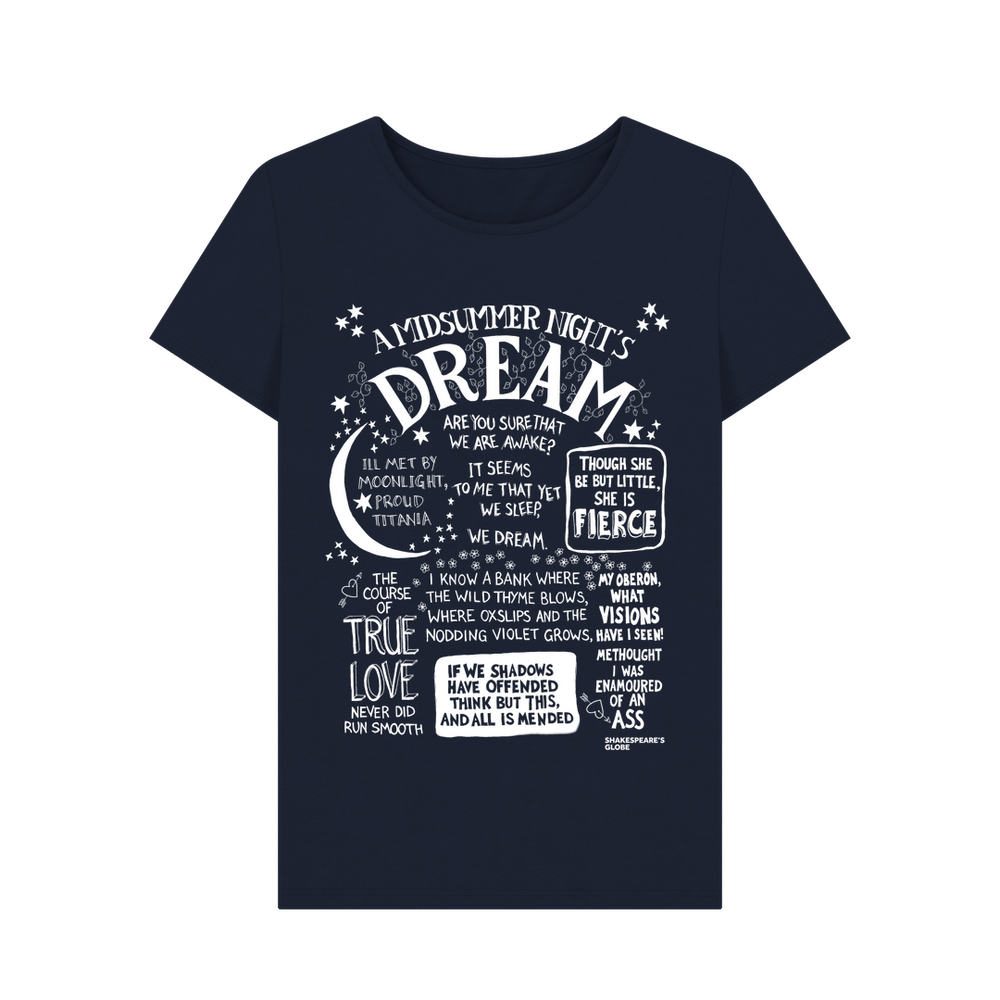 
                  
                    Navy blue fitted t-shirt with large front graphic print in white with stylised font depicting A Midsummer Night's Dream
                  
                