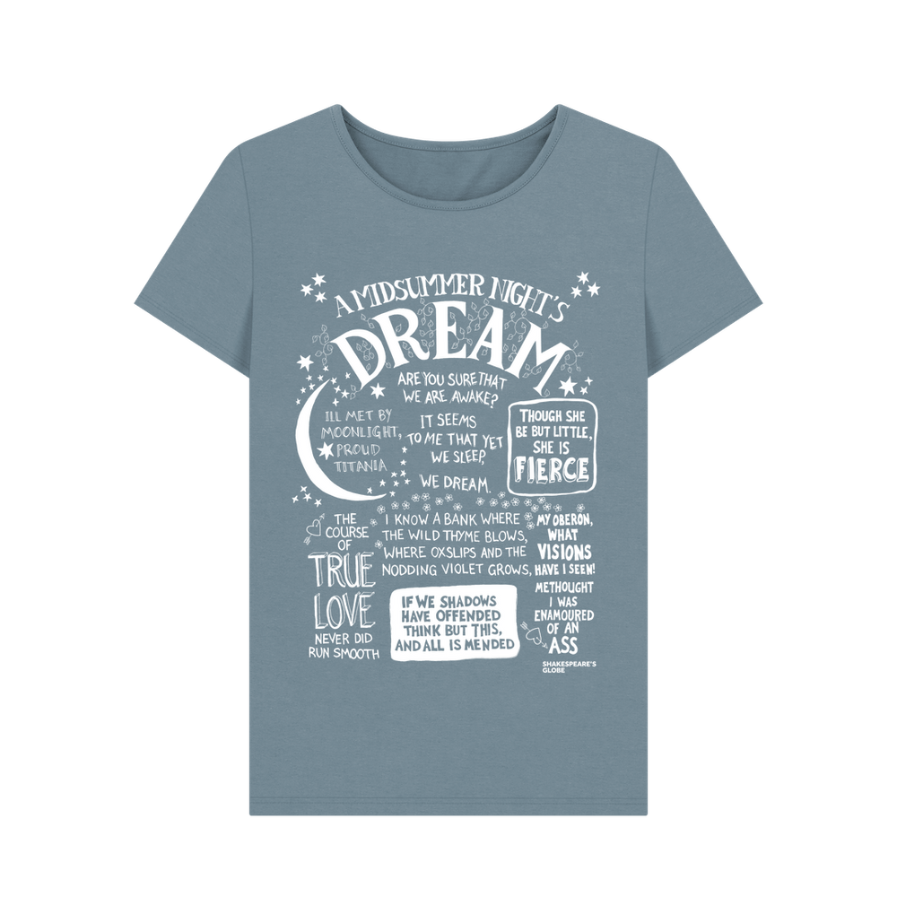 Stone blue fitted t-shirt with large front graphic print in white with stylised font depicting A Midsummer Night's Dream