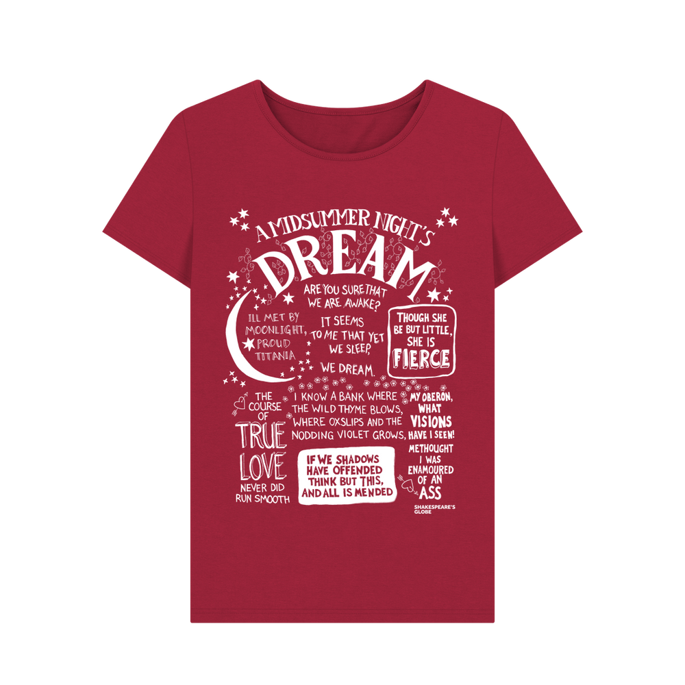 
                  
                    Red fitted t-shirt with large front graphic print in white with stylised font depicting A Midsummer Night's Dream
                  
                