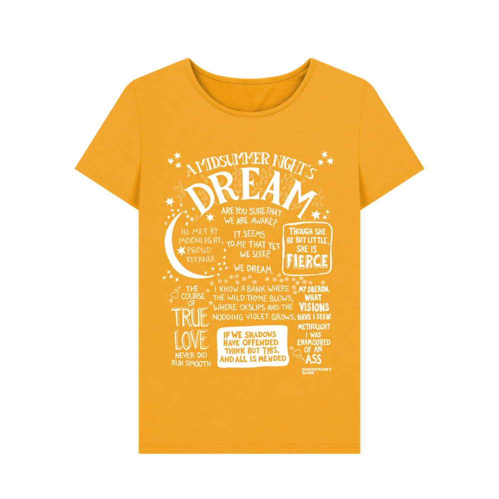 
                  
                    Yellow fitted t-shirt with large front graphic print in white with stylised font depicting A Midsummer Night's Dream
                  
                