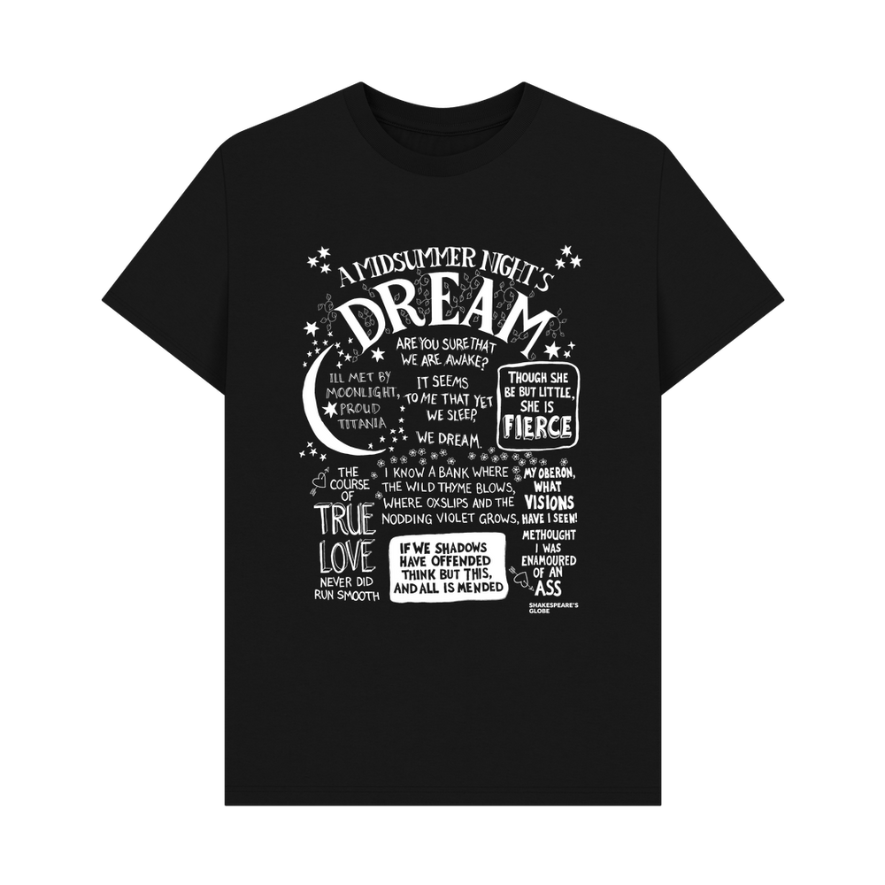 
                  
                    Black t-shirt with large front graphic print in white with stylised font depicting A Midsummer Night's Dream
                  
                