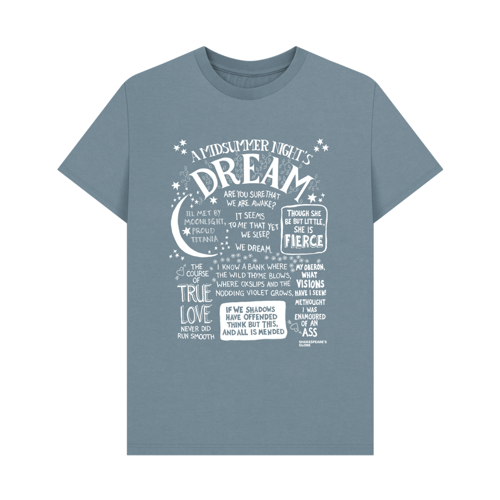 
                  
                    Stone Blue t-shirt with large front graphic print in white with stylised font depicting A Midsummer Night's Dream
                  
                