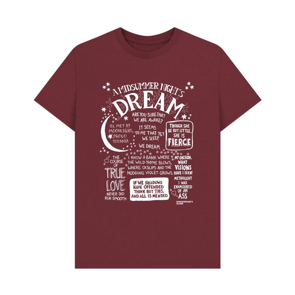 
                  
                    Red Wine t-shirt with large front graphic print in white with stylised font depicting A Midsummer Night's Dream
                  
                