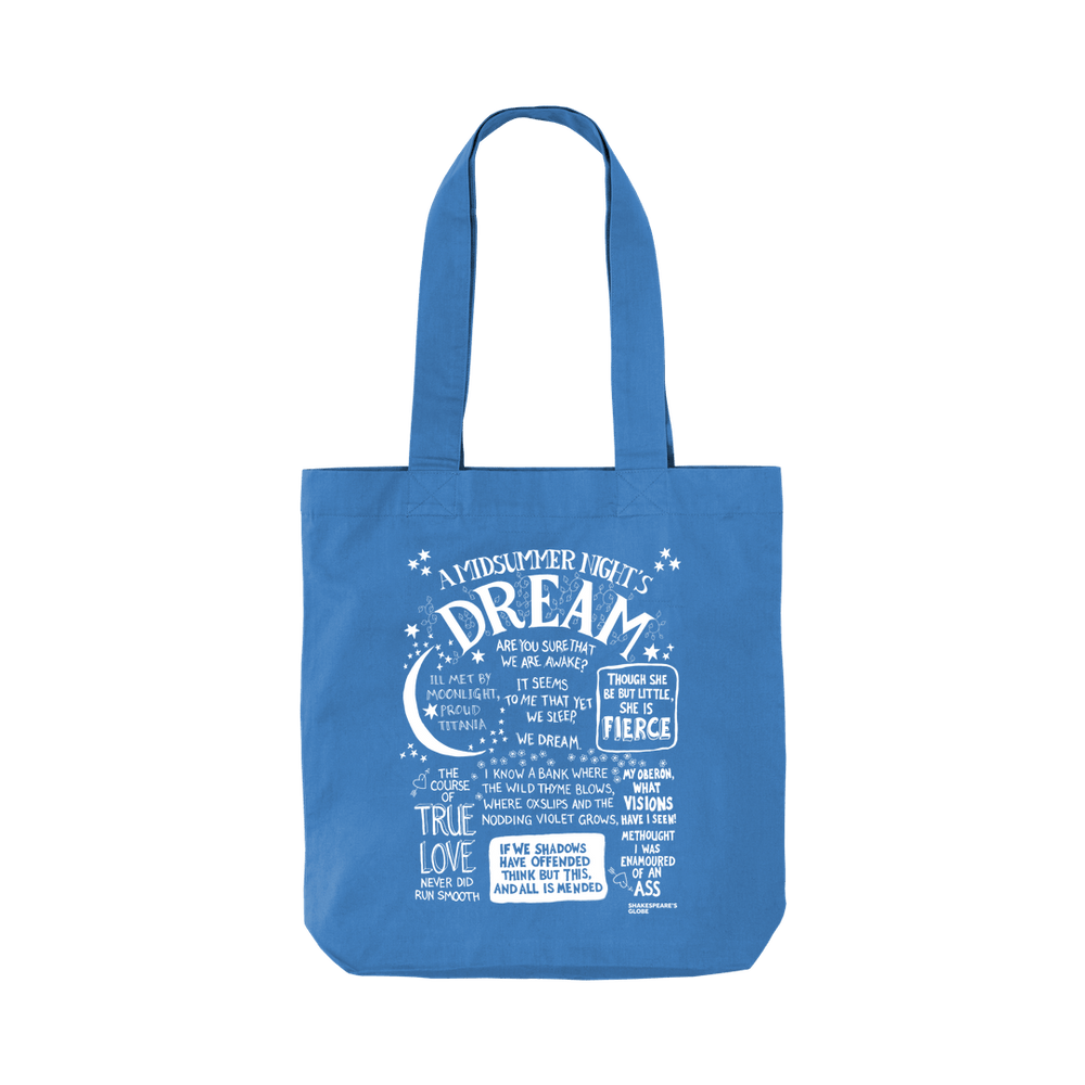 Cornflower Blue two handle tote bag with white front graphic text depicting A Midsummer Night's Dream