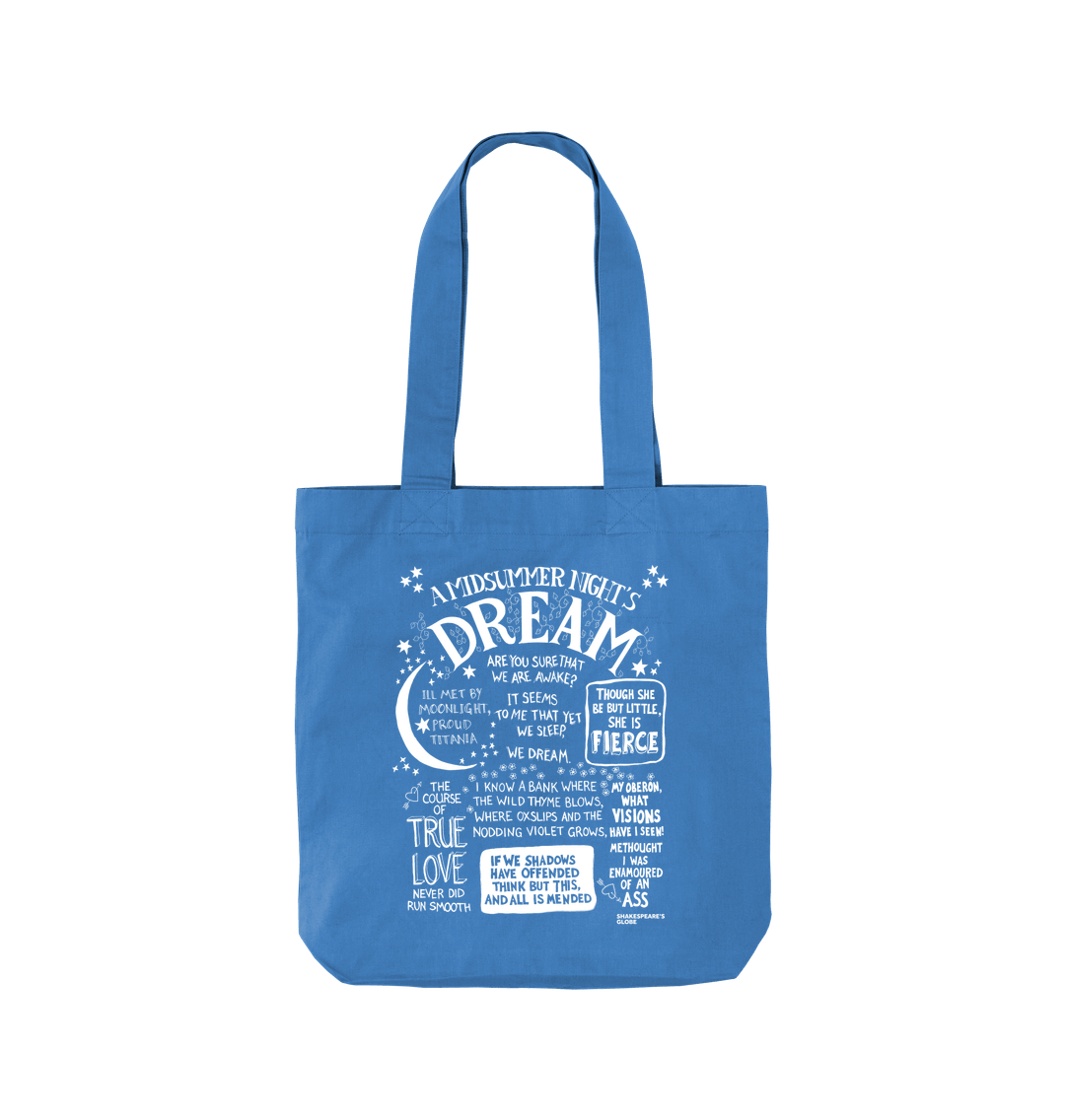 Cornflower Blue two handle tote bag with white front graphic text depicting A Midsummer Night's Dream