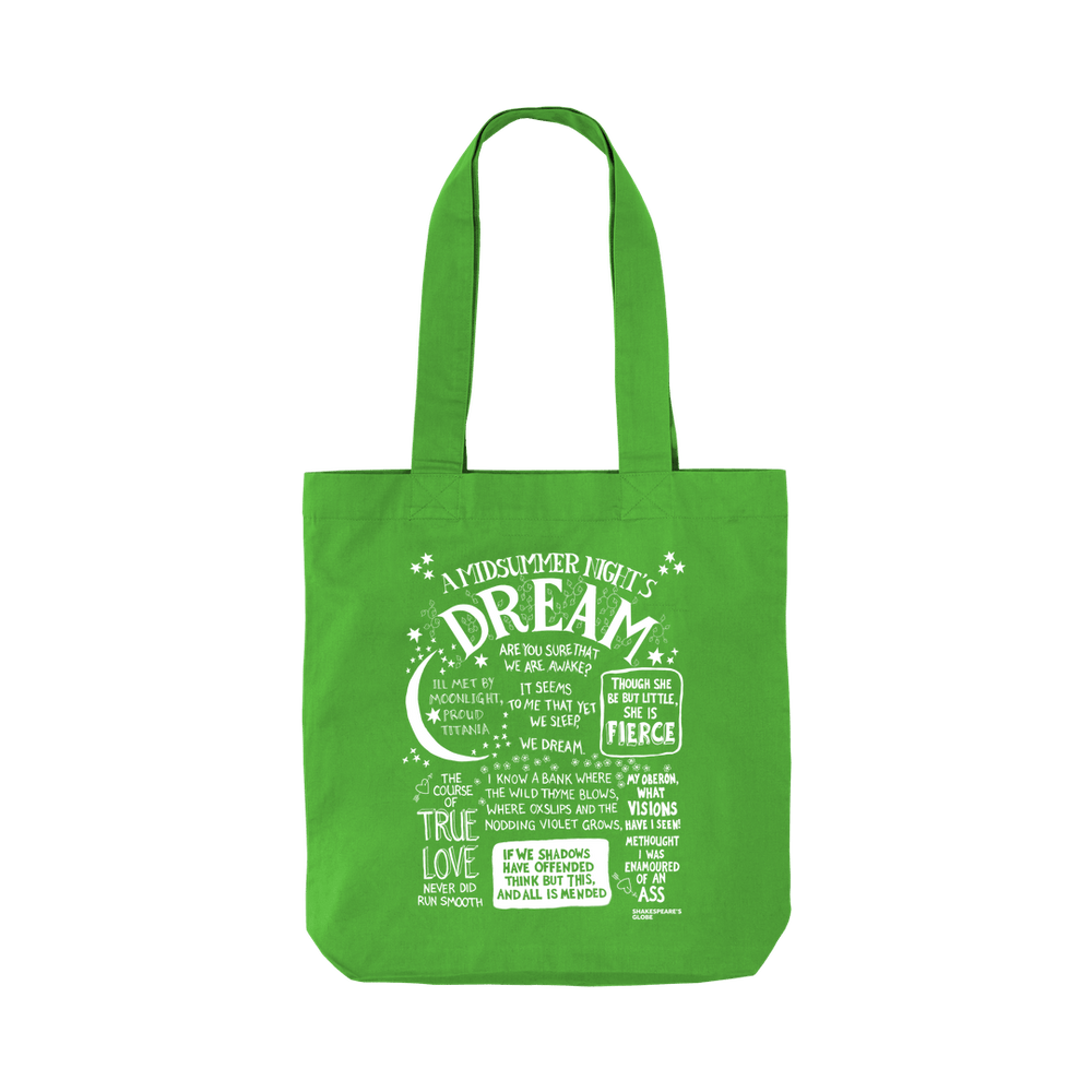 Apple Green two handle tote bag with white front graphic text depicting A Midsummer Night's Dream