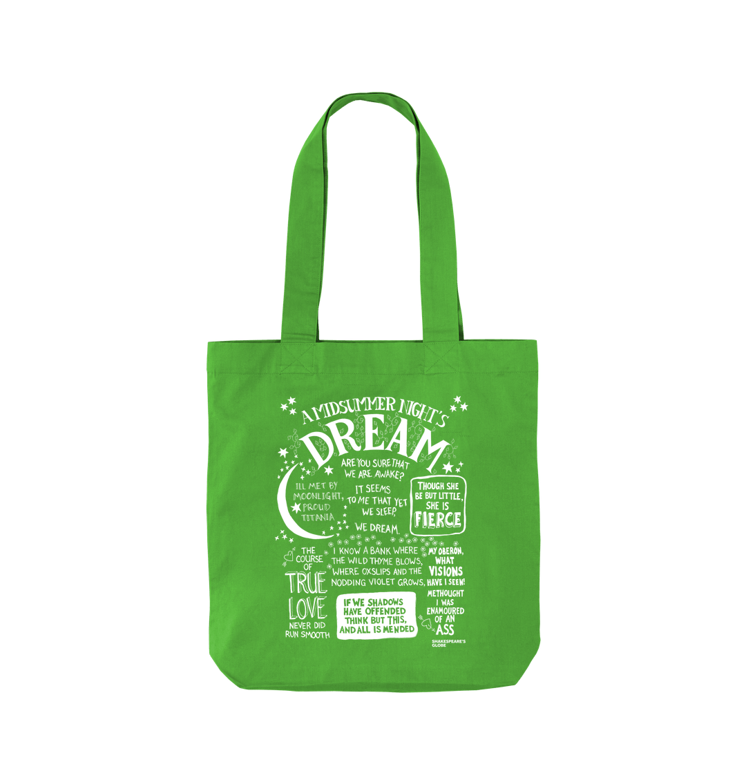 Apple Green two handle tote bag with white front graphic text depicting A Midsummer Night's Dream