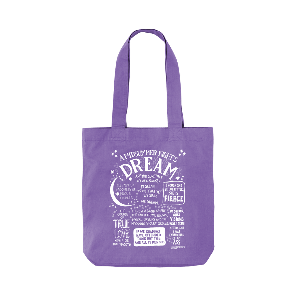 
                  
                    Violet two handle tote bag with white front graphic text depicting A Midsummer Night's Dream
                  
                