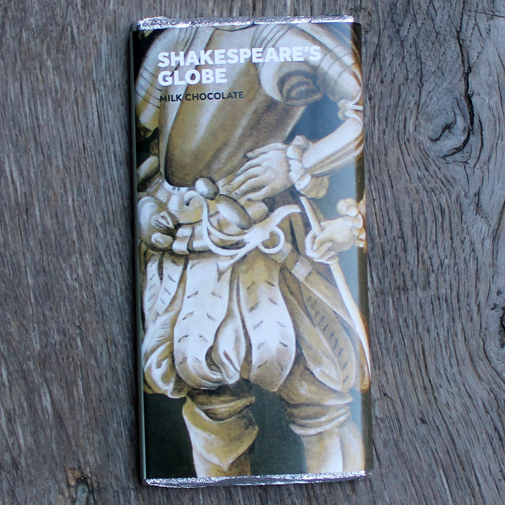 
                      
                        Foil wrapped chocolate bar with printed paper wrap indicating Shakespeare's Globe
                      
                    