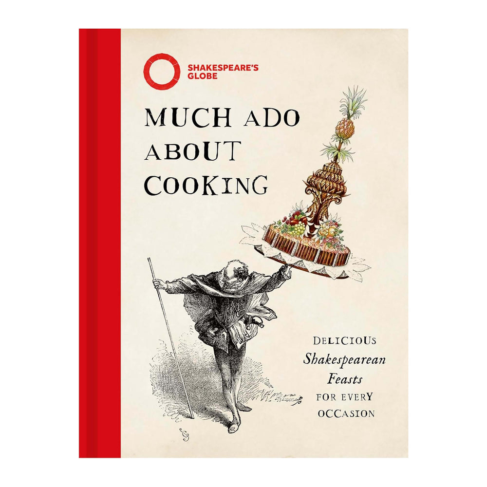 Off white hardback book with red binding, featuring a Shakespearean man on the front cover holding a large plate of food, with graphic black text