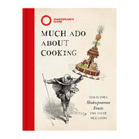 Off white hardback book with red binding, featuring a Shakespearean man on the front cover holding a large plate of food, with graphic black text