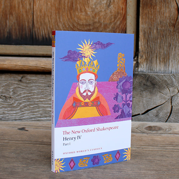 Blue paperback book with purple graphic behind red, orange, gold and brown image of a king