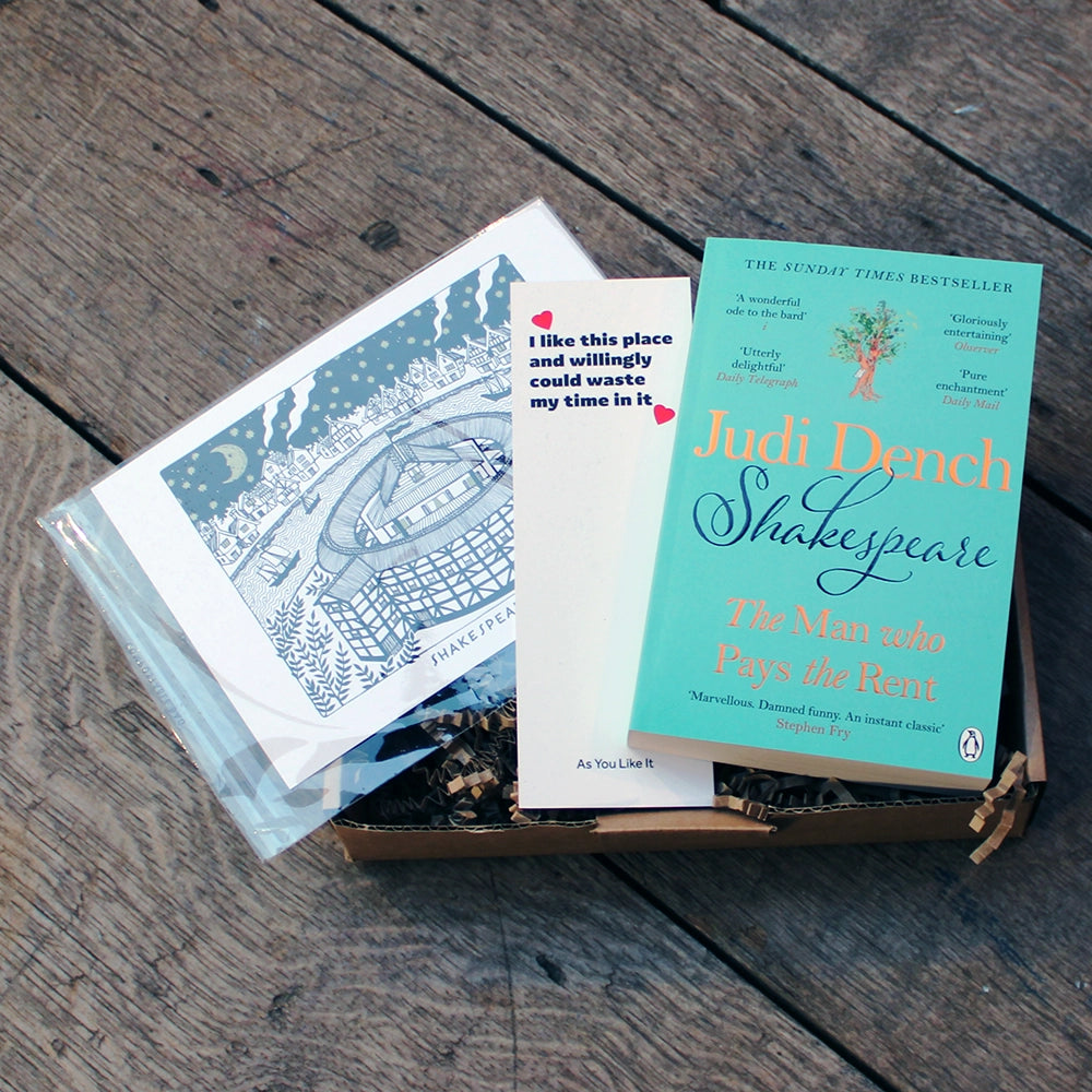 November book box, teal paperback Judi Dench book, white 'place' bookmark and Shakespeare's Globe print