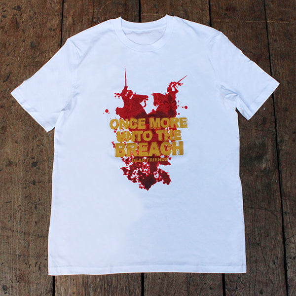 White t-shirt with red graphic of two knights on horseback and gold text overlayed