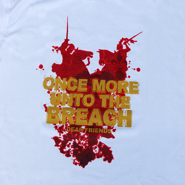 White t-shirt with red graphic of two knights on horseback and gold text overlayed