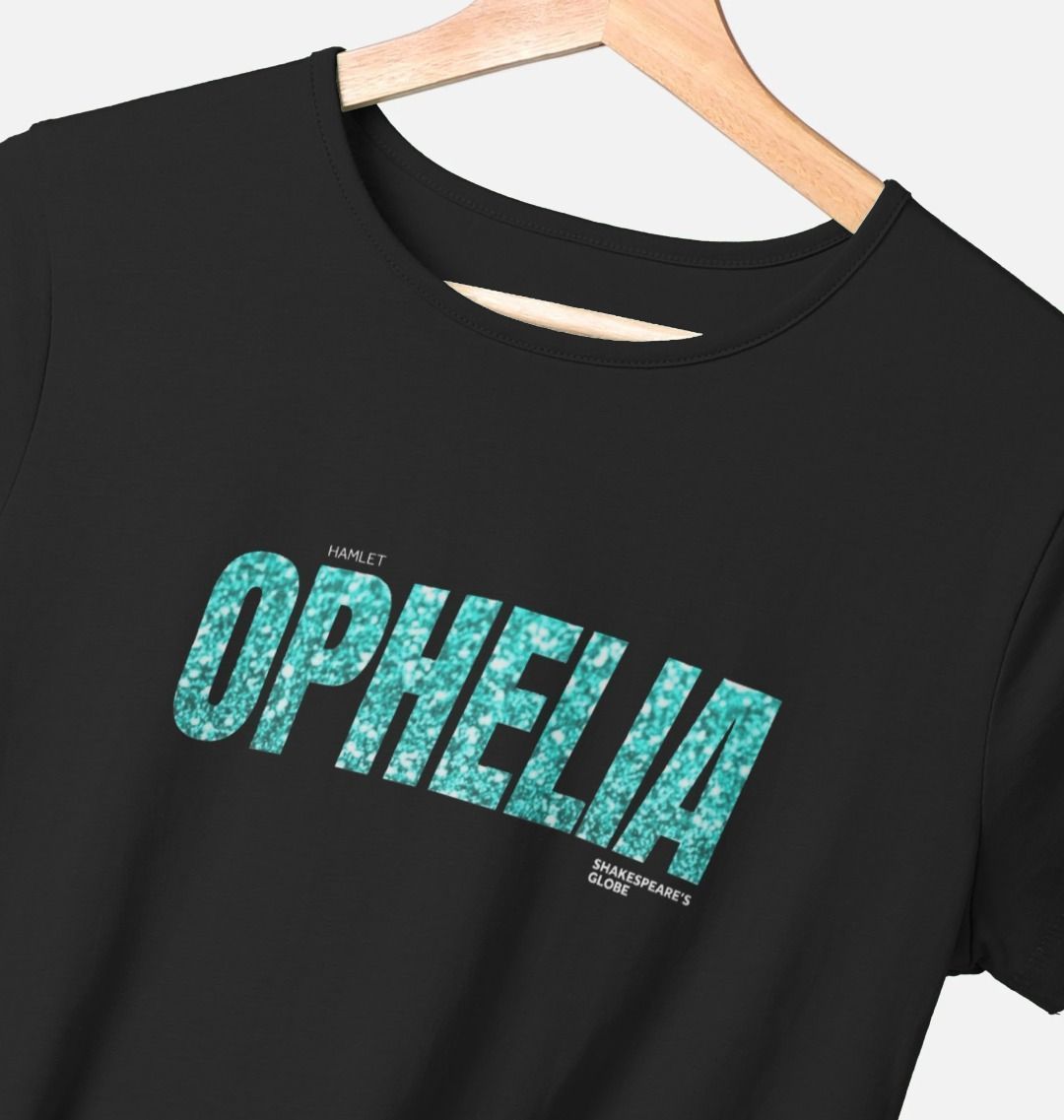 Black t-shirt with 'OPHELIA' in blue text on a hanger.