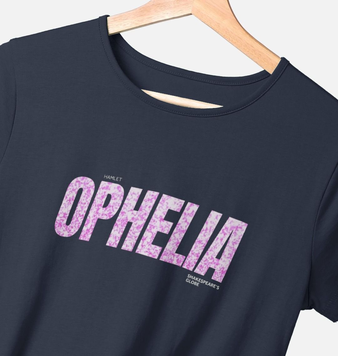 Navy blue t-shirt with 'OPHELIA' in pink  text on a hanger.