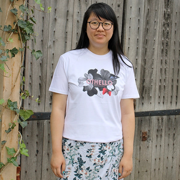 White t-shirt with grey, pink and red floral design