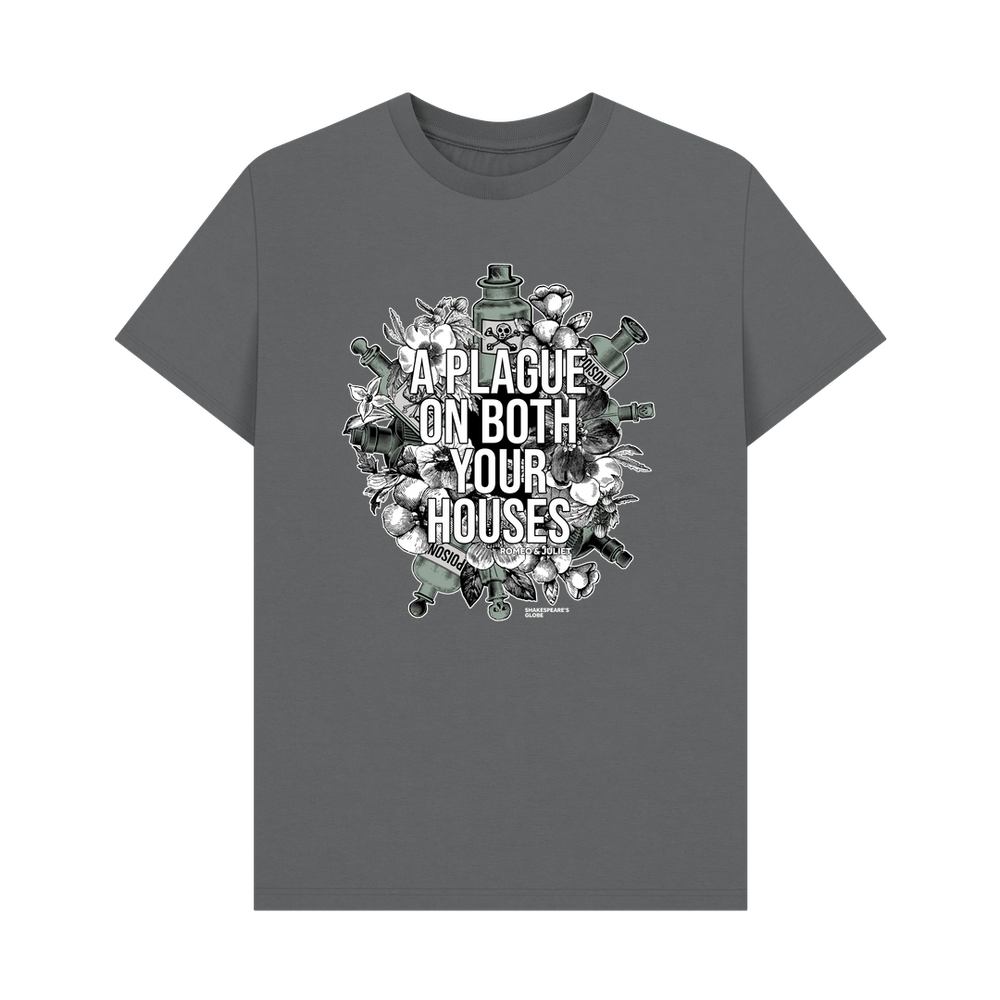 
                  
                    Grey standard fit t-shirt with centre front graphic of poison bottles, flowers, and graphic white text
                  
                