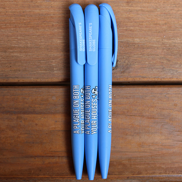 Powder blue pen with white graphic text with black outlines and skull and crossbones