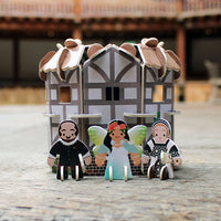 building kit of the Globe Theatre made from printed board with three little figures in front o it