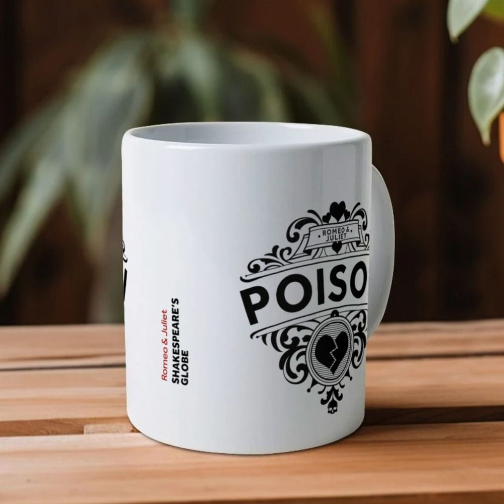 Black 'POISON' graphic motif with broken heart and curly-ques, design printed on either side of white mug