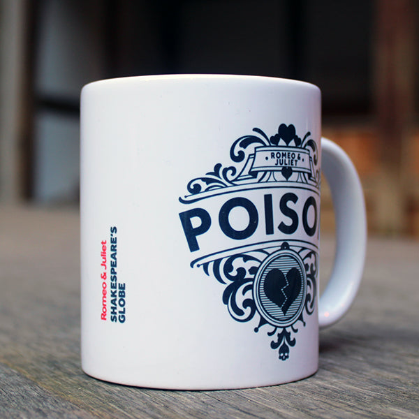 Black 'POISON' graphic motif with broken heart and curly-ques, design printed on either side of white mug