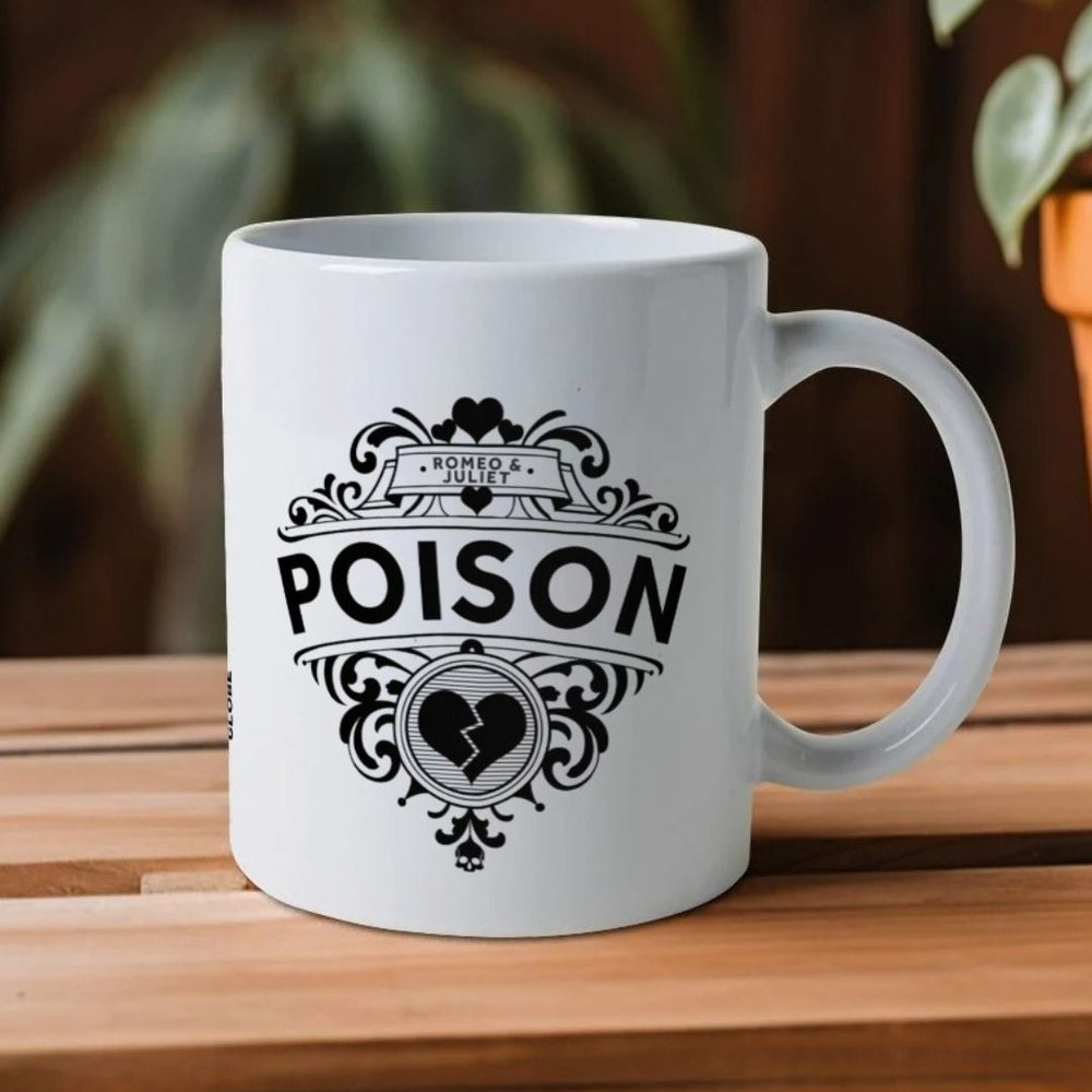 Black 'POISON' graphic motif with broken heart and curly-ques, design printed on either side of white mug