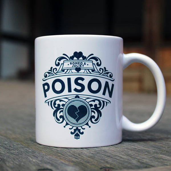 Black 'POISON' graphic motif with broken heart and curly-ques, design printed on either side of white mug