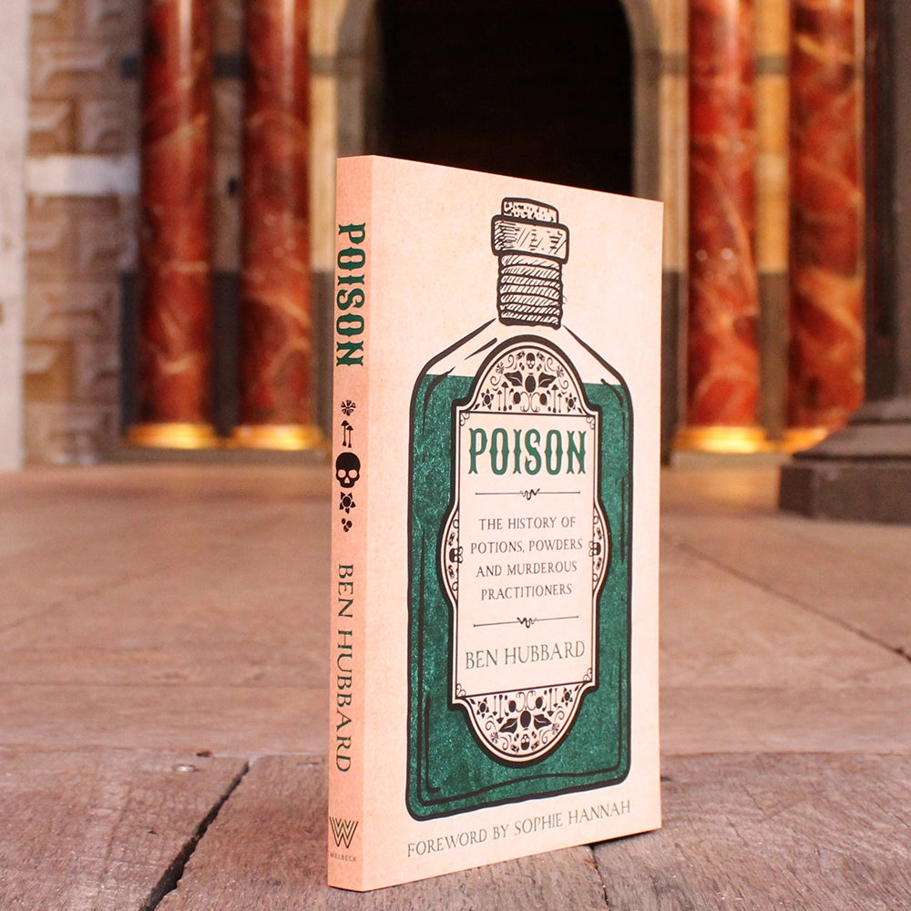 Off white paperback book with stylised poison bottle image on front cover and black text