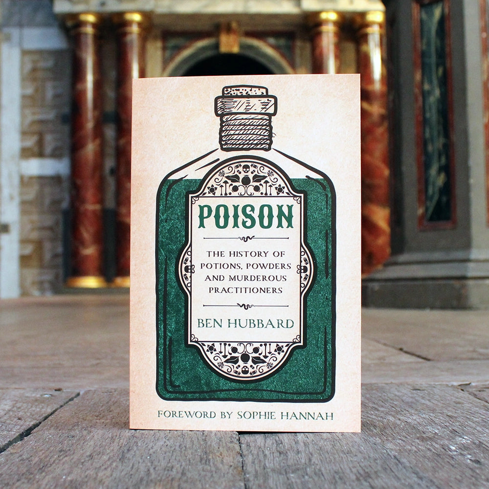 Off white paperback book with stylised poison bottle image on front cover and black text