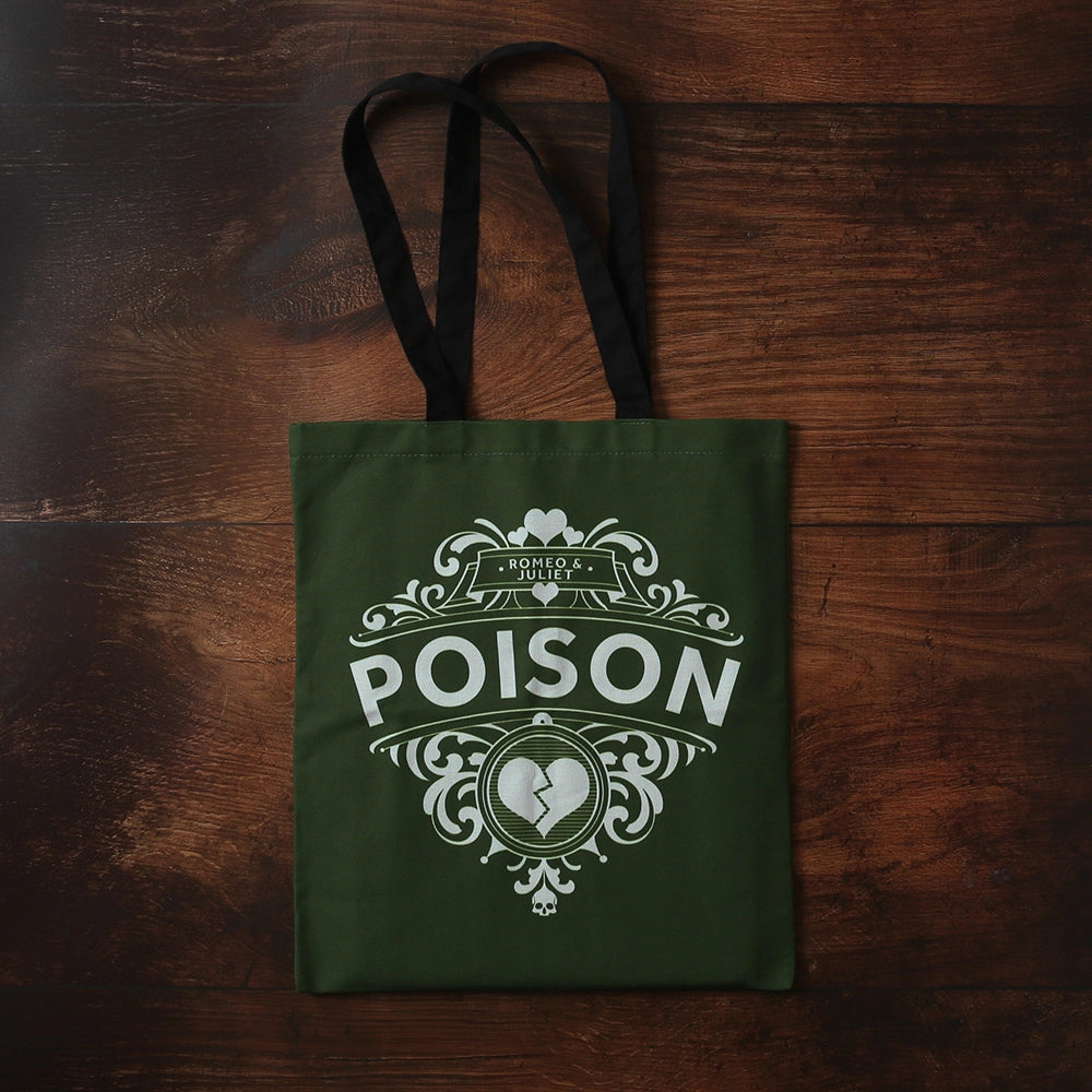 Olive green cotton tote bag with 2 black handles, featuring white graphic and POISON text