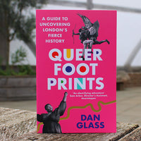 Book cover of 'Queer Footprints' by Dan Glass on a pink background with text and images.