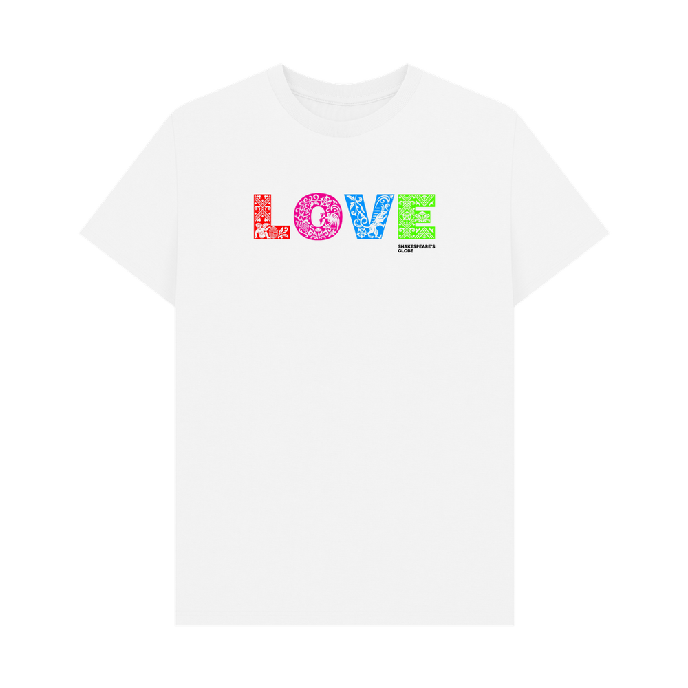 
                  
                    White Rainbow Love Organic Unisex T-shirt, standard fit, with orange, pink, blue, green L O V E
                  
                