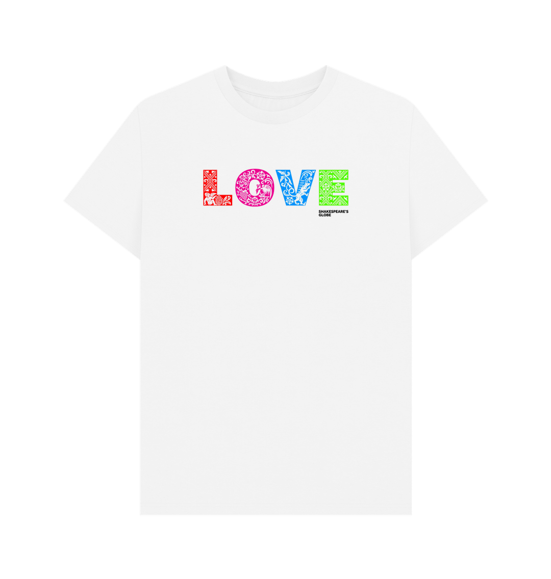 White Rainbow Love Organic Unisex T-shirt, standard fit, with orange, pink, blue, green L O V E