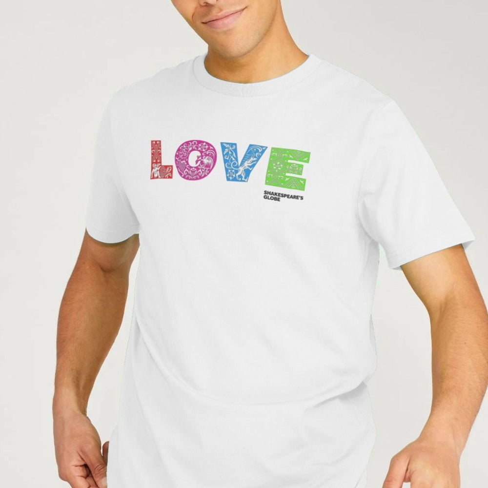 
                  
                    White Rainbow Love Organic Unisex T-shirt, standard fit, with orange, pink, blue, green L O V E
                  
                