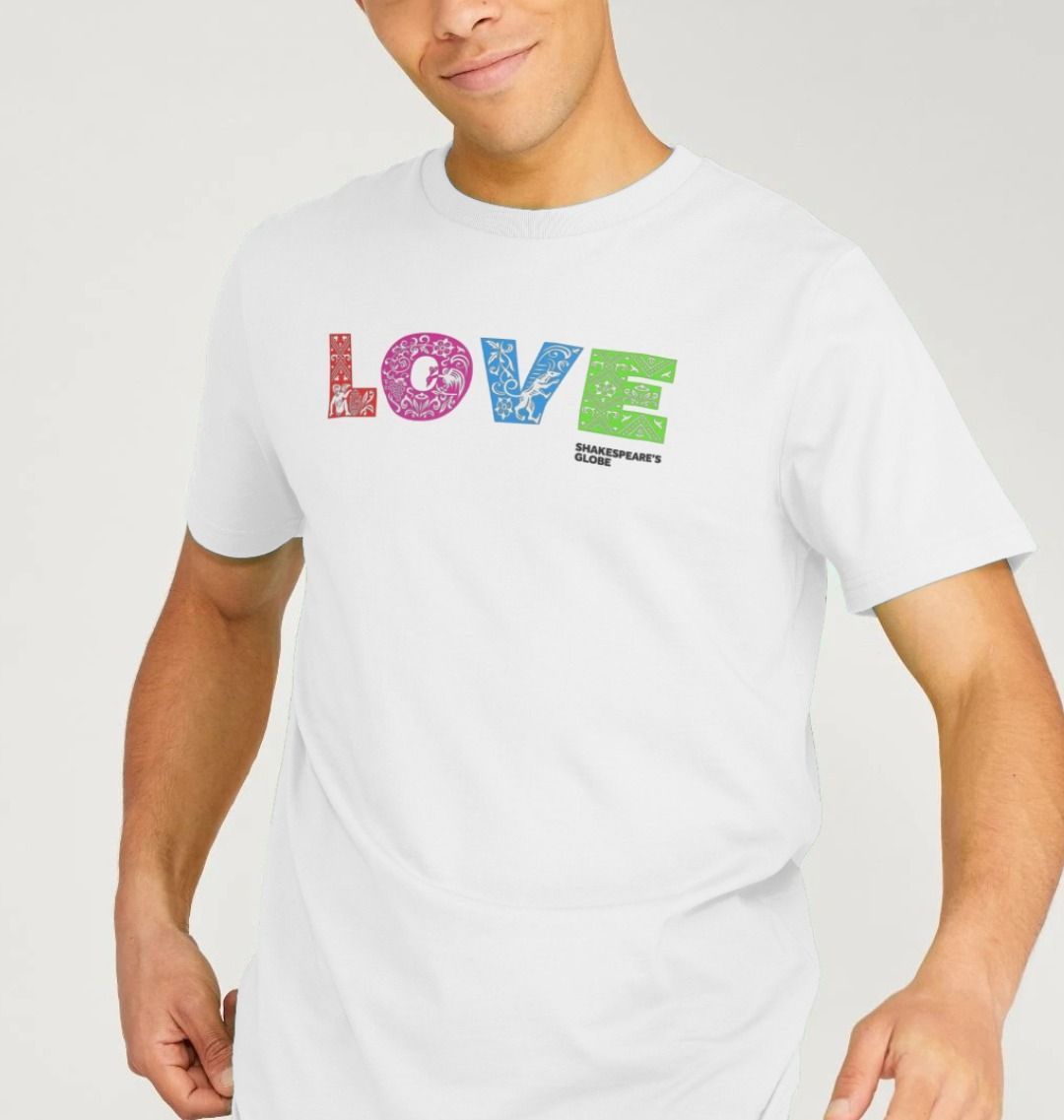 White Rainbow Love Organic Unisex T-shirt, standard fit, with orange, pink, blue, green L O V E