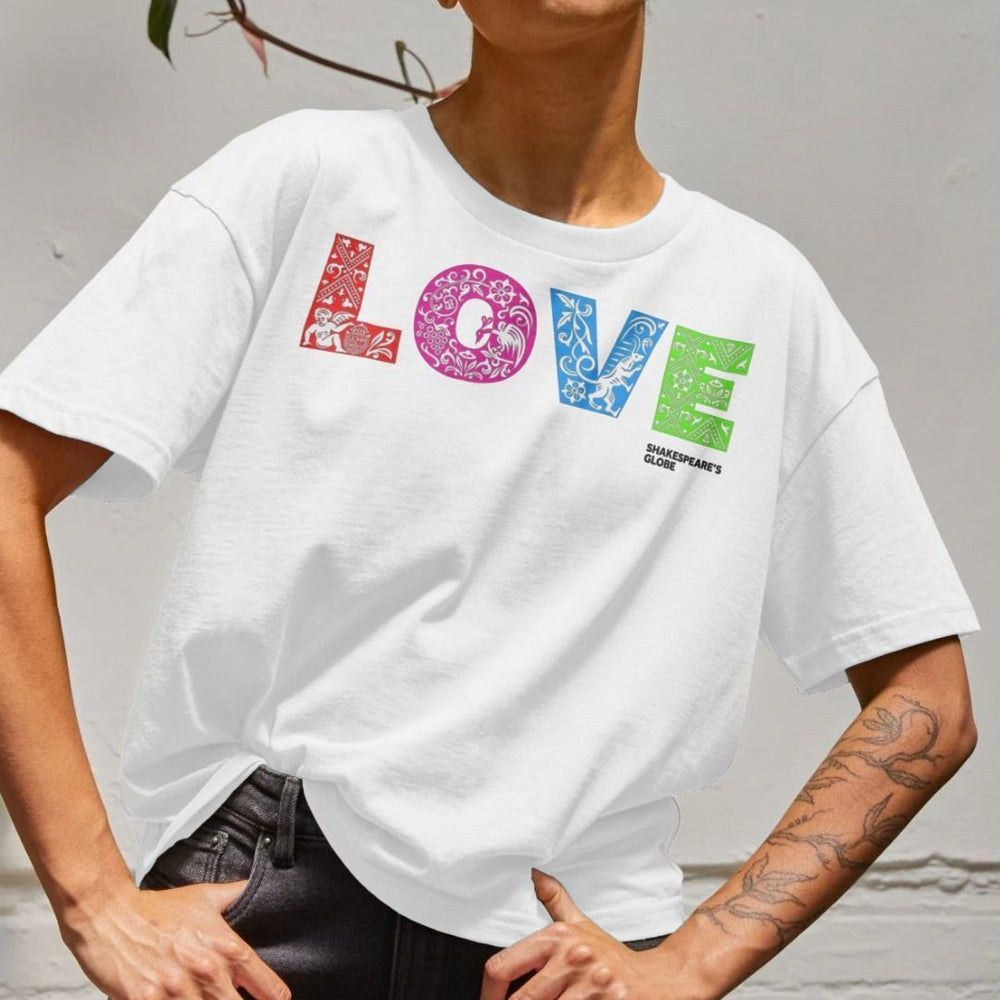 White Rainbow Love Organic women's T-shirt, boxy fit, with orange, pink, blue, green L O V E