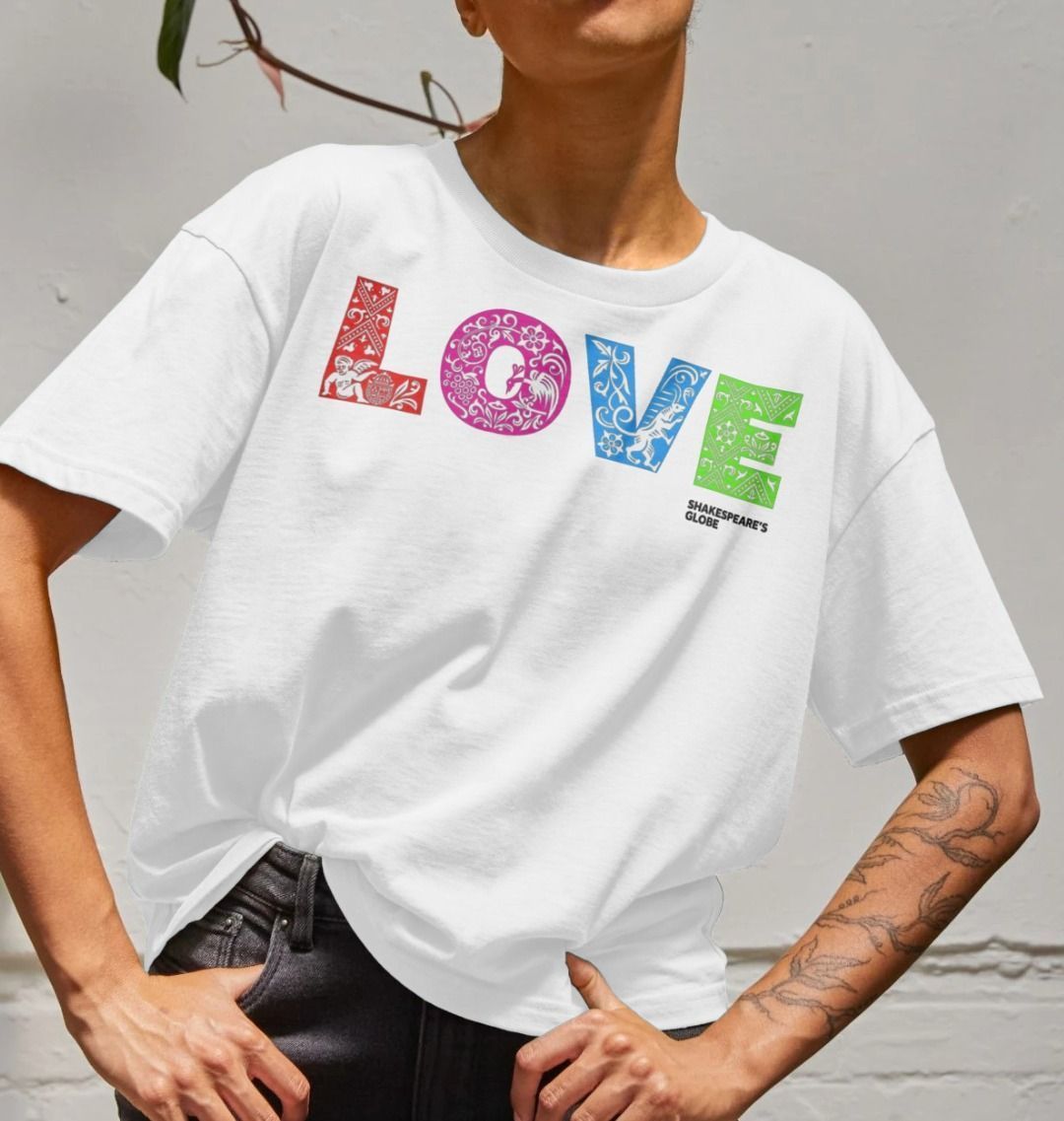 White Rainbow Love Organic women's T-shirt, boxy fit, with orange, pink, blue, green L O V E