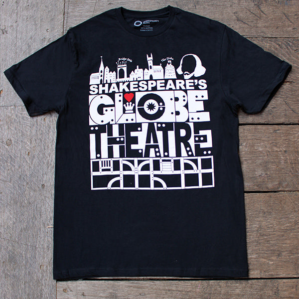 Black t-shirt with white silhouette of London landmarks and red heart.